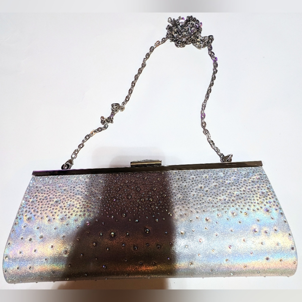 INC International Concepts Carolyn Ombre Clutch Silver Chain Shoulder Rhinestone